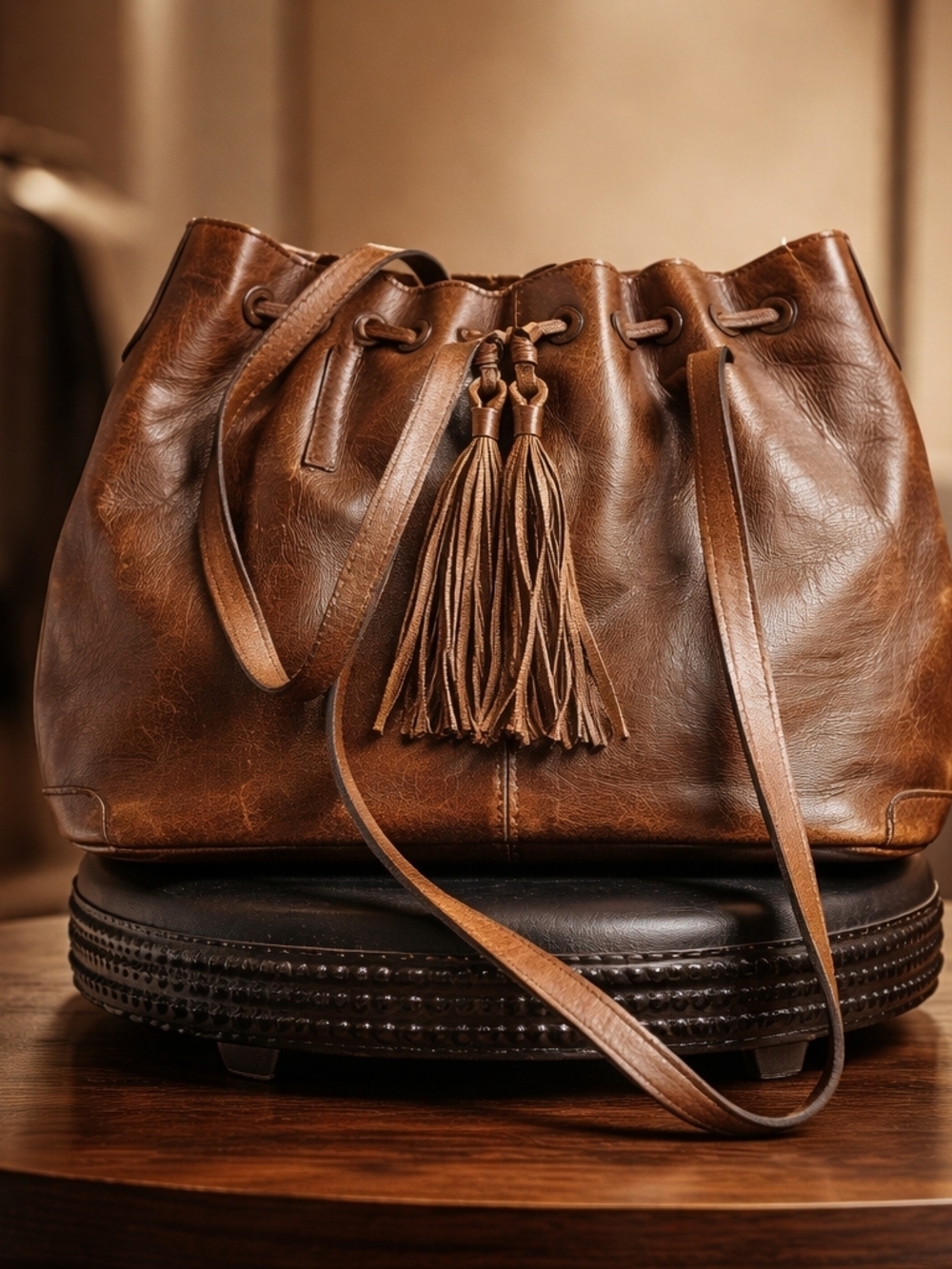 Patricia Nash Brown Leather Tassel Drawstring Shoulder Bag